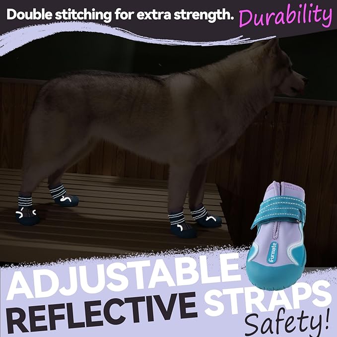 Furmate Dog Shoes for Large Small Medium Dogs,Dog Booties for Indoor Hardfloors Anti-Slip,Reflective Strip Waterproof Dog Boots & Paw Protectors for Outdoor Walking Hot Pavement,Winter Snow (Purple-3)