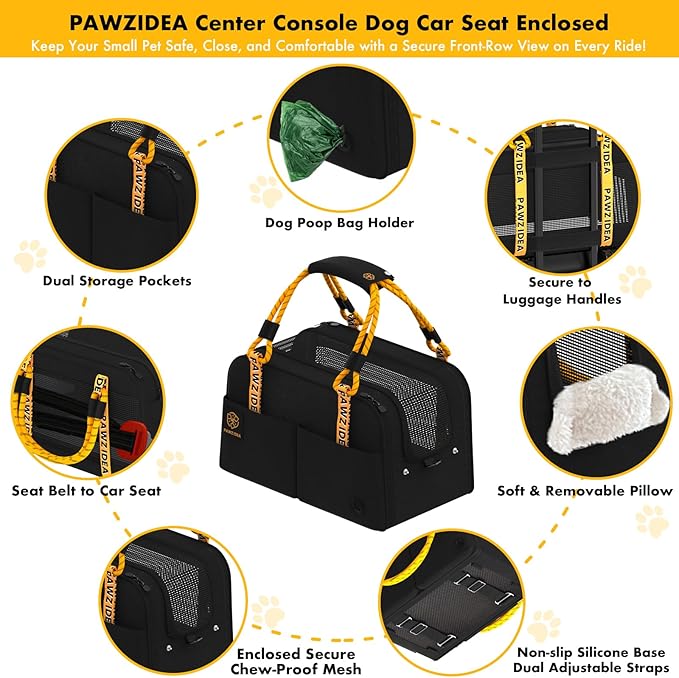 PAWZIDEA Center Console Dog Car Seat, Enclosed Small Dog Armrest Booster Carseat, Secure Straps &Anti Slip, Portable TSA Approved Puppy Pet Carrier Soft-Sided, Removable Pillow Storage Pocket, up 12lb