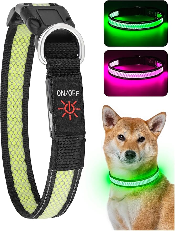 Weesiber Light Up Dog Collar - Glow in The Dark LED Dog Collar Rechargeable Reflective Pet Collar, Safety Doggy Lights for Night Walking(Green, L)