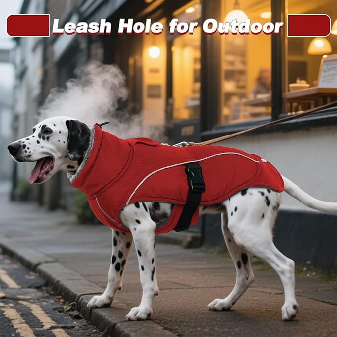 DENTRUN Winter Warm Dog Coat Reflective Jacket with Turtleneck for Cold Weather, Adjustable Buckle Windproof Water Repellent, Thick Snowsuit Fleece Vest for Small, Medium, Large Dogs, Red, L