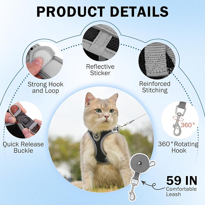 SCENEREAL Cat Harness and Leash Set for Walking Escape Proof, Adjustable Harness for Kitten Puppy Small Medium Large Cats, Reflective Soft Mesh Small Cat Harness, Comfort Fit, Easy Control