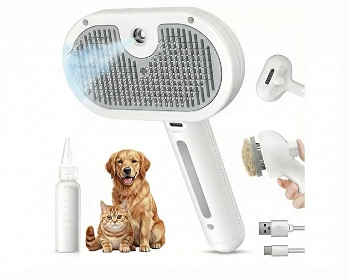 SHAZORY Pet Steam Brush for Dog & Cat - 3-in-1 Steam Grooming Brush for Shedding & Hair Removal - Self Cleaning Spray Comb with Mist for Long Haired Pets - Includes Water Refill Bottle (White)
