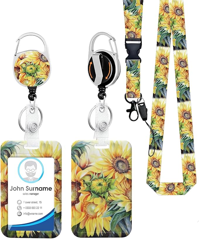 with ID Card Holder Caregiver Worker, Office School Lanyard Key Ring Yellow Sunflower Name Tag Retractable Heavy Duty Badge Reel Clip Vertical ID Card Protective Case