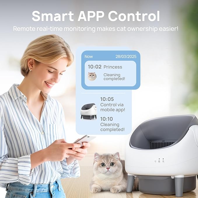 Open-Top Automatic Cat Litter Box, Self Cleaning Litter Box for Multi-Cat Families, APP Control, Safety Protection, 1 Roll Waste Bag