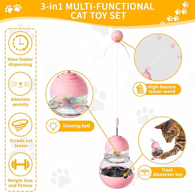COSOWO Cat Interactive Toys Engaging Wand, Slow Food Treat Dispenser, and Tumbler Design for Indoor Cats Durable, Non-Toxic, Ideal for Exercise and Boredom Relief Gift for Kitten, Pink