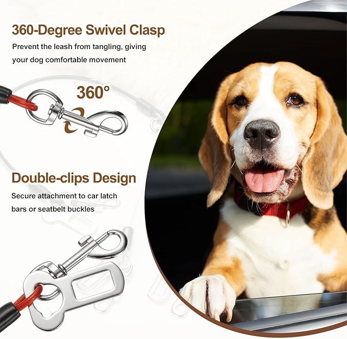 Chew Proof Dog Leash, 31 in Dog Seat Belt Harness with Double Clips Leash Extender Steel Braided Vehicle Tether, (Red/Blue, 2 Pcs), Intended for Pet Car Safety/Walking/Training