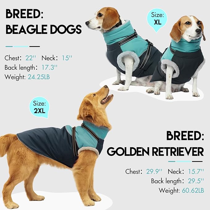 Dog Coat with Harness Built, Dog Winter Jacket with Zipper Closure, Warm Pet Fleece Puffer Coat with Reflective Strips & Furry Collar, Waterproof Snowsuit for Medium Large Dogs - Green M