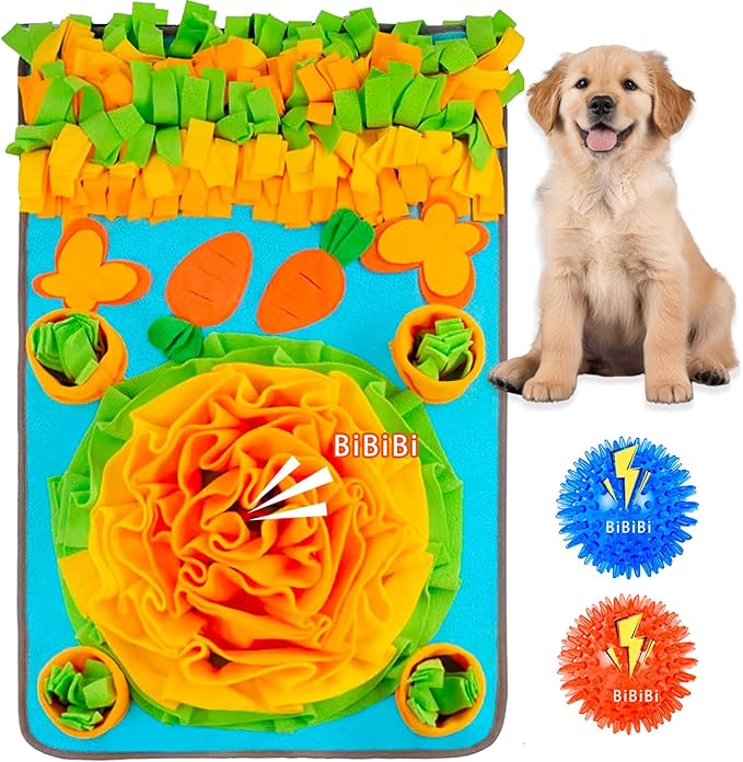 KVEXLIM Snuffle Mat for Dogs - Interactive Dog Feeding Mat with Squeaky Center & 2 Spikey Balls | Mental Enrichment Toy for Small, Medium, Large Dogs | Slow Feeder, Machine Washable, Non-Slip Base
