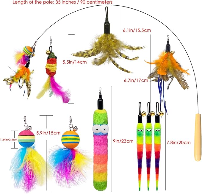 YUBONUS Interactive Cat Wand Toy Complete Set with Pole and 9 Feather Refills Teaser Toy for Indoor Cats Play & Exercise (9 Pcs C)