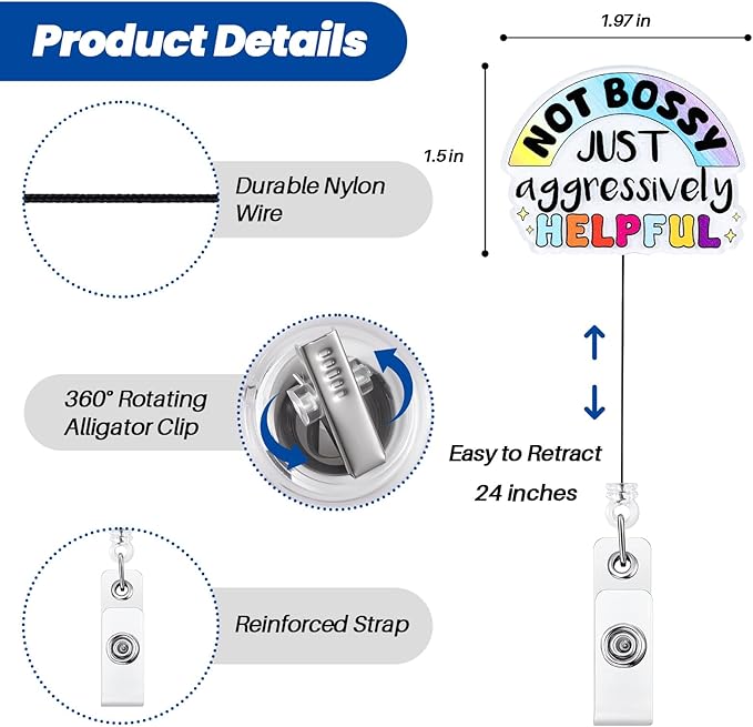 Not Bossy Just Aggressively Helpful Funny Nurse Badge Reel, Cute Retractable ID Badge Holder, Name Tag Badge Buddy for RN LPN CNA MA SW PSS CVS Nursing Students Doctor Social Workers, Nurse Gifts
