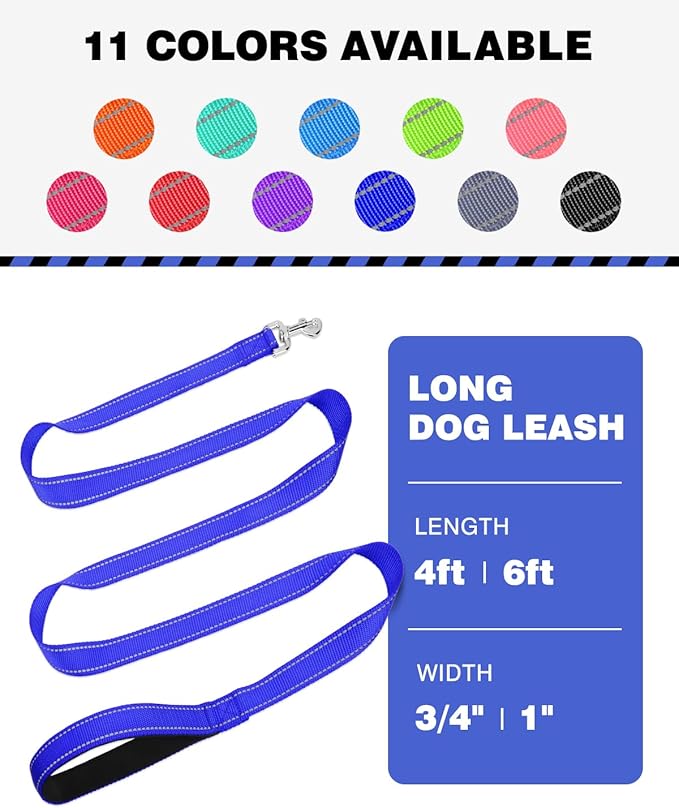 Erbine 6FT Reflective Nylon Dog Leash with Soft Padded Handle for Walking, Running and Training, Supports Small Medium and Large Dogs (Royal Blue, 3/4Inch Wide)