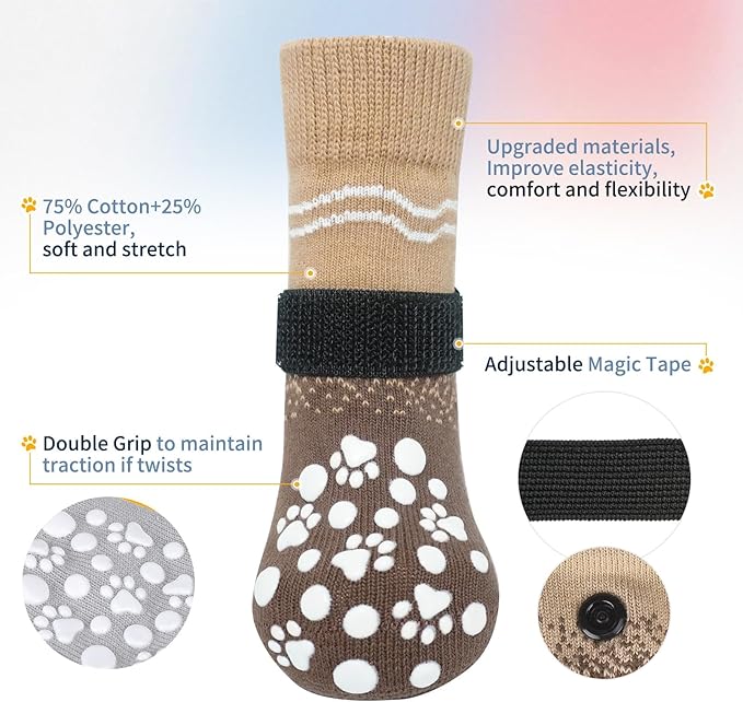 BINGPET 6PCS Dog Socks to Prevent Licking Paws with Grippers for Hardwood Floors Anti Slip, Winter Pet Shoes Booties, Extra-Thick Grip Dog Boots & Paw Protectors for Small Medium Large Senior Dogs, L