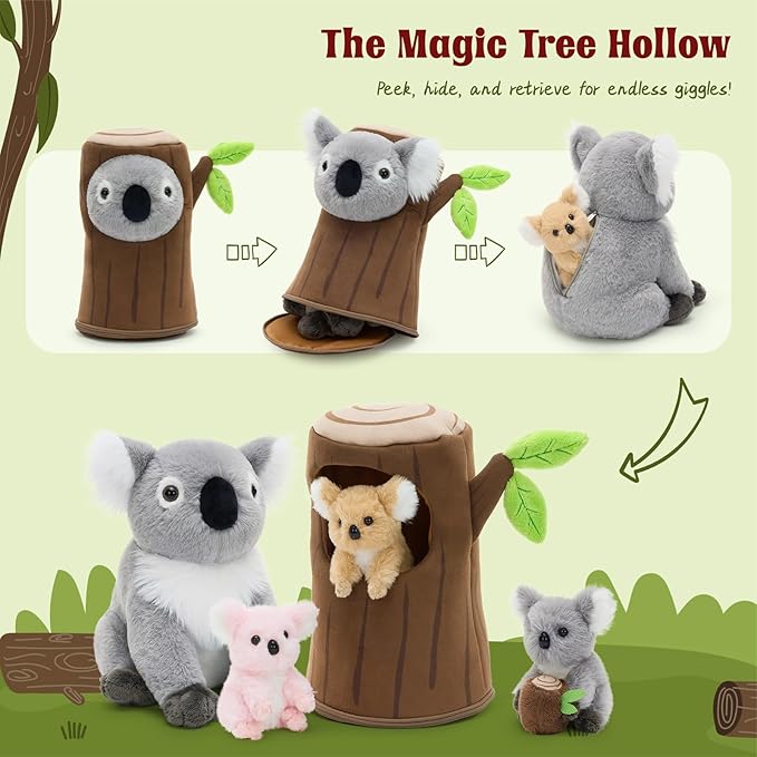 MaoGoLan 5pcs Koala Stuffed Animal, 11.8 Inch Large Mommy Stuffed Koala Plush with 3 Babies & Treehouse, Cute Realistic Stuffed Animals, Gift for Kids Boys Girls