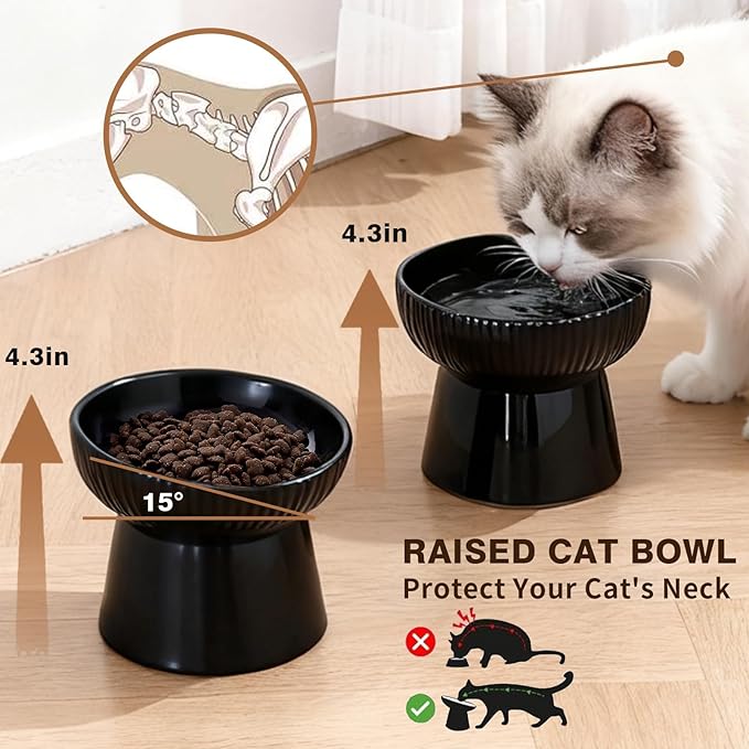Elevated Cat Food Bowl, Ceramic Raised and Tilted Water Bowl, Whisker Fatigue Cat Bowls for Indoor Cats, Anti Vomiting and Protect Spines Pet Feeding Dishes for Kittens Small Dog, Heavy Non-Slip Base
