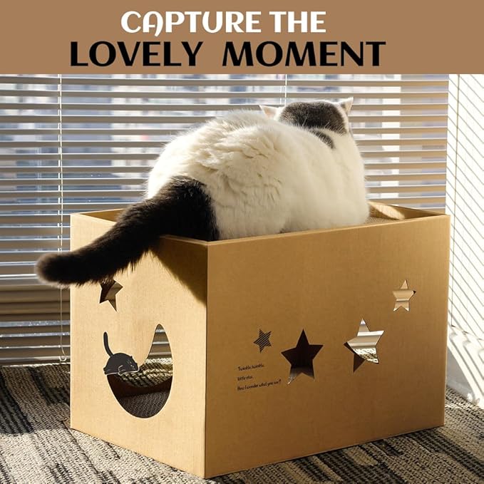 Cardboard Cat House with 2PCS Scratcher Pad 17" L x 12" W x 12" H Large Cat Scratchers Lounge Bed for Indoor Cats Cat Scratching Board & Cat Scratcher Box for Bunny/Cats Animals.