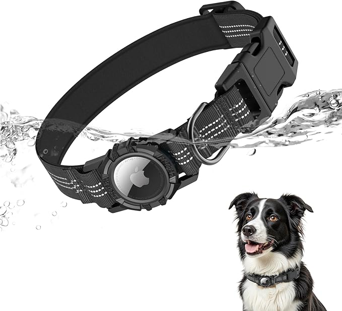 AirTag Dog Collar, IP68 Waterproof Integrated Air Tag Dog Collars with Reflective, Ultra-Durable, Comfortable Padded, Heavy Duty Dog Collars for Small Medium Large Dogs, M (12.6"-17.1"), Black