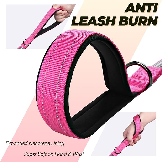 VIVAGLORY Dog Leash Lighthook Double Handle Dog Leash with Traffic Handle & Locking Carabiner for Walking & Training, Traffic Control Lightweight Carabiner for Puppy Pet, 6ft x 1in, Pink