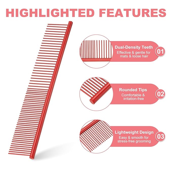 Dog Cat Comb, Pet Combs Stainless Steel Teeth with Rounded Ends for Knots Mats Loose Hair Removal, 6.5/7.5IN (Red Coated, 2 Pack), Grooming Tool Intended for Long Curly Hair Pet