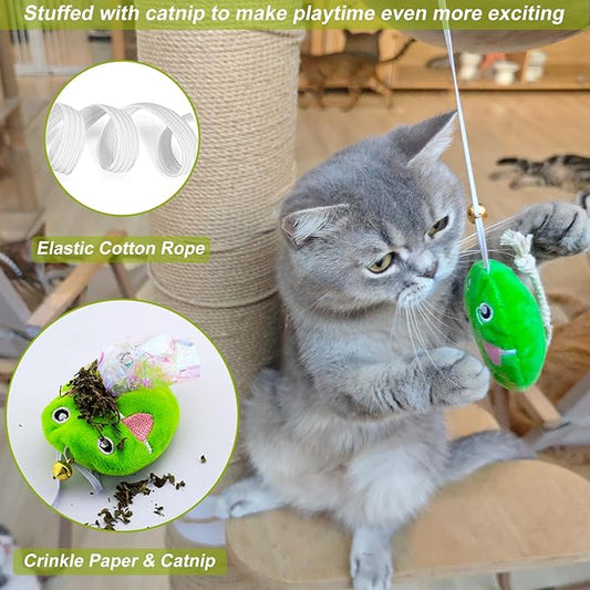 Interactive Cat Toy Wand with Catnip Mouse, Cat Teaser Wand Rainbow String for Bored Indoor Adult Cats and Kittens (5 Pack)
