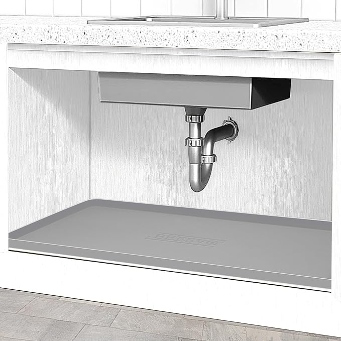 Under Sink Mat for Kitchen Waterproof, 25" x 19" Silicone Under Sink Liner Kitchen & Bathroom Cabinet Protector Mats, Heavy Duty Flexible Under Sink Drip Tray with Lip, Cool Grey