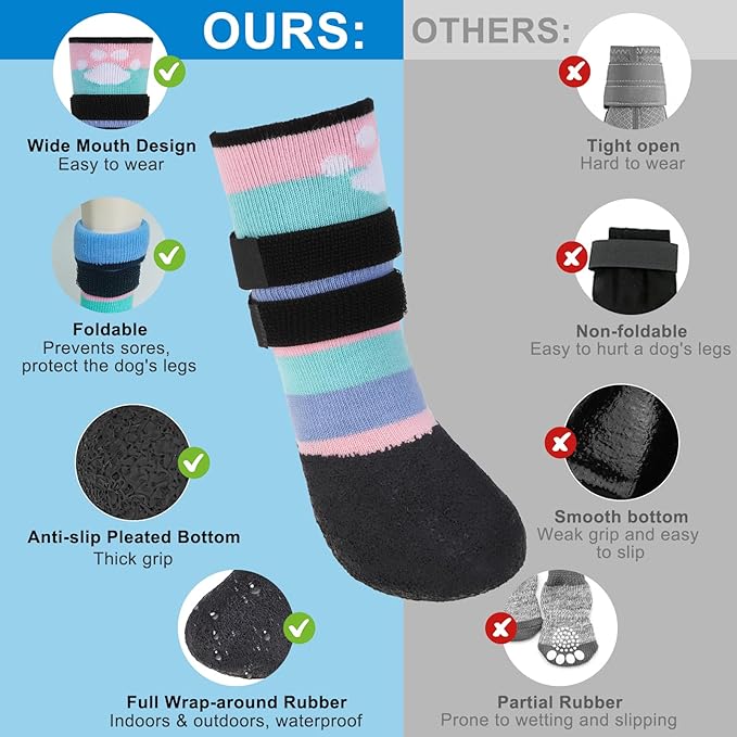 BEAUTYZOO Anti Slip Dog Socks Boots, Dog Shoes for Hot/Cold Pavement Snow Rain Days,Waterproof Grip Dog Booties Paw Protector for Hardwood Floor, Prevent Licking for Small Medium Large Senior Old Dogs