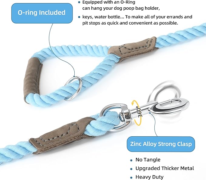 Mile High Life Dog Leash, Braided Cotton Rope Leashes with Leather Handle - Heavy Duty Metal Clasp, 6FT, 1/2" Thick - Wedding, Walking & Training Leash for Small Medium Large Dogs (Sky Blue)