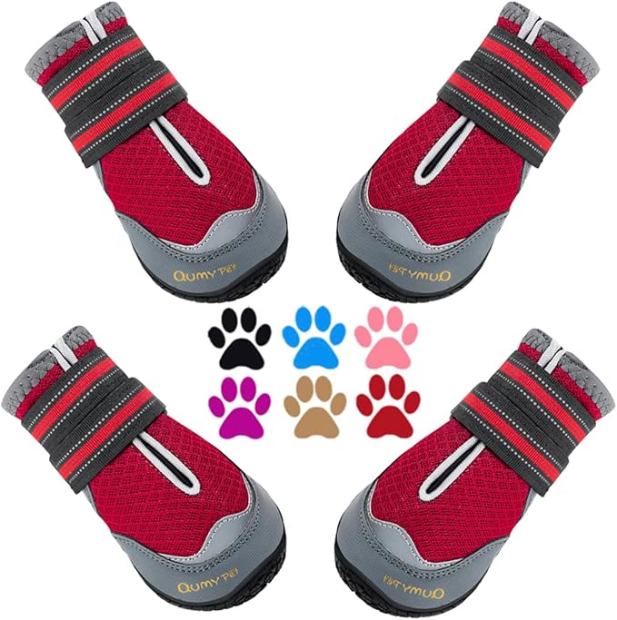 QUMY 4PCS Dog Boots for Large Dogs, Medium Dog Shoes & Paw Protectors for Hot Pavement, Summer Heat Protection, Mesh Breathable Nonslip Dog Booties for Hardfloors, Walking Running Hiking Red Size 5