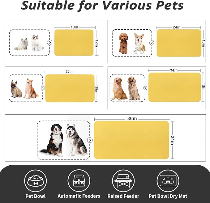 Dog Food Mat - Absorbent Cat Mat for Food and Water, No Stains Pet Feeding Bowl Mat, Easy to Clean Pet Placemats, Quick Dry Dog Water Dispenser Mat for Messy Drinkers | Yellow 18"x34"