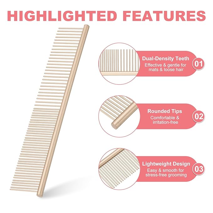 Dog Cat Comb, Pet Combs Stainless Steel Teeth with Rounded Ends for Knots Mats Loose Hair Removal, 7.5IN (Gold Coated, 3 Pack), Grooming Tool Intended for Long Curly Hair Pet