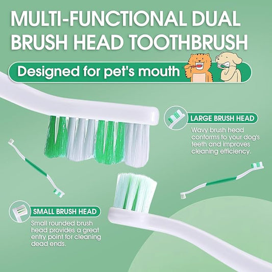 Dog Toothbrush – Newly Upgraded Dual-Head Design with 60° Wavy Bristles – Gently Surrounds Teeth for Deep Cleaning and Plaque Removal – Non-Slip Handle, Ideal for Daily Pet Dental Care (Green, 1-Pack)