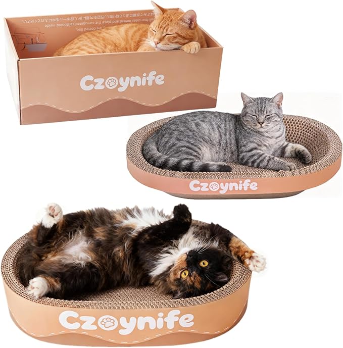 3PCS Cat Scratcher Cardboard, Oval Cat Scratch Pad Bowl Nest for Indoor Cats, Round Cat Scratching Board Corrugated Lounge Cat Bed, Furniture Protector for Couch (Brown, 15.7 * 10 in)