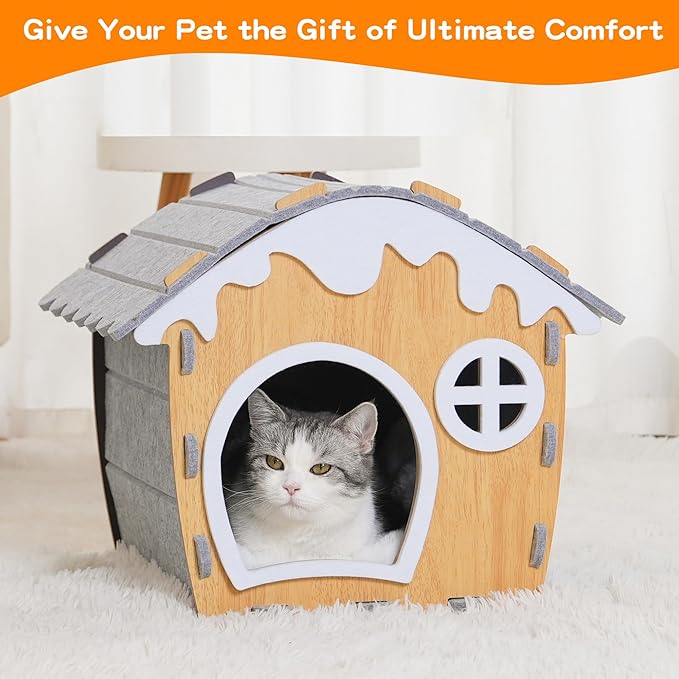 Giant Cat House for Indoor Cats, Cat Bed Cave,Soft and Comfortable,Cute Cat Tunnel House,with Removable Washable Cushioned Pillow,Pet Hideaway Shelter(15.7 * 15.7 * 19in)