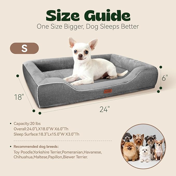 24 Inch Orthopedic Dog Couch Bed for Small Dogs/Cats,Cooling Gel Memory Foam + Egg Crate Foam,Waterproof Removable Washable Cover,4-Sided Bolster,Non-Slip Bottom,Dark Grey