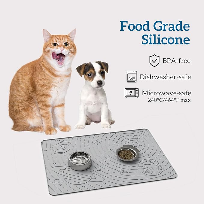 OHMO Dog Food Mat, Silicone Waterproof Cat Food Mat, Non-Skid Spill Proof Pet Feeding Mat for Food and Water, Easy to Clean Dog Placemat(Ash, 18.9" x 11.8")