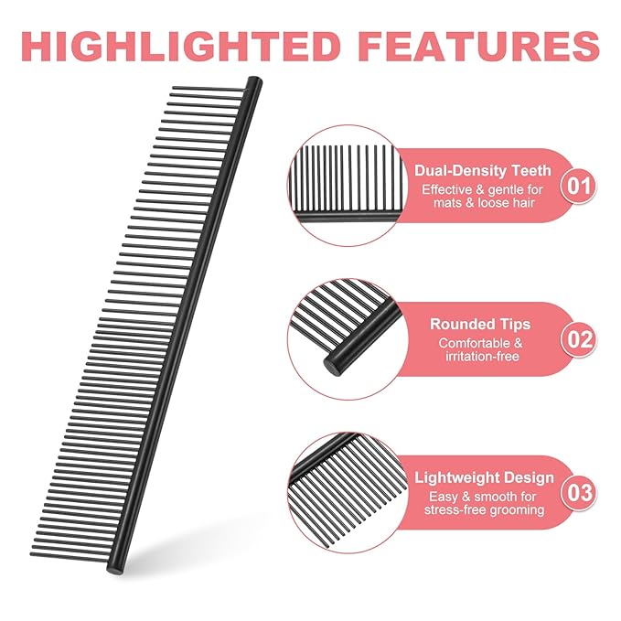 Dog Cat Comb, Pet Combs Stainless Steel Teeth with Rounded Ends for Knots Mats Loose Hair Removal, 6.5/7.5IN (Black Coated, 2 Pack), Grooming Tool Intended for Long Curly Hair Pet