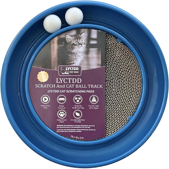LYCTDD Interactive Cat Ball Track Toy for Indoor Cats, Cat Scratching Board & Exercise Set for Bored Indoor Adult and Kitten Mental & Physical Stimulation, with Spare Ball to Prevent Loss (Blue)