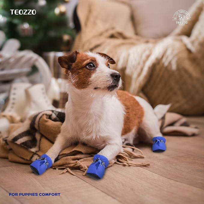 Dog Shoes Dog Boots & Paw Protector, Anti-Slip Sole Winter Dog Booties with Reflective Straps Dog for Small Medium Dogs 4PCS (Blue, Size 5: 1.77"(Width))