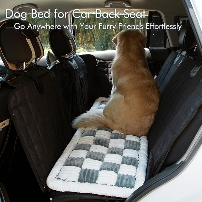 NestlyMoly Dog Bed for Car, Pet Travel Backseat Mat for Vehicle SUV Truck Jeep Automobile, Large Washable Foldable Non-Slip Fuzzy Soft Comfortable Cozy Extender Protector Cover Pad, Grey, 24.8x54 in