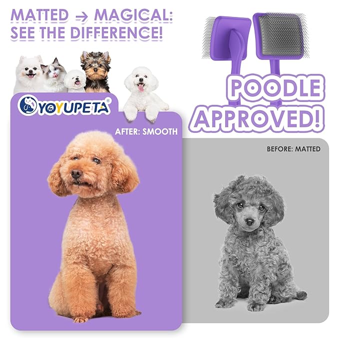 Large Long Pin Slicker Brush & Comb for Poodles, Goldendoodles & Cockapoos, Long Hair Dogs & Cats, Detangler Brush for Shedding & Matted Fur, Ergonomic Wooden Handle, Leather Sleeves. Purple