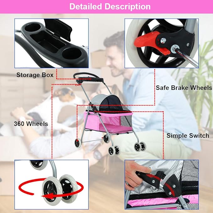 BestPet Pet Stroller 4 Wheels Posh Folding Waterproof Portable Travel Cat Dog Stroller with Cup Holder,Pink