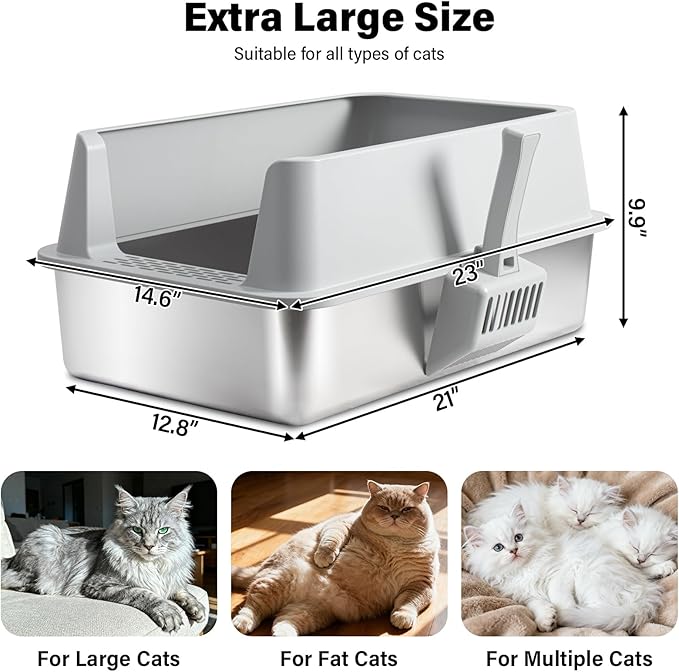 Stainless Steel Litter Box — Metal Litter Box with Lid & Mat, High-Sided, Non-Stick, Easy Clean, Odor-Free Stainless Steel Cat Litter Boxes XL for Indoor & Multiple Cats, Large Cat Litter Boxes