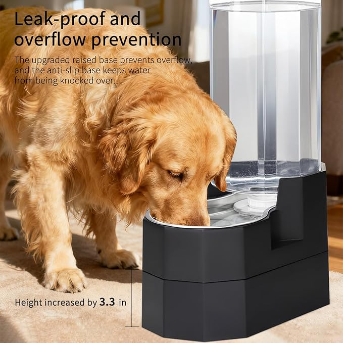 RIZZARI Large Dog Water Dispenser: 9L Raised Gravity Gray Automatic Stainless Steel Waterer with 2 Filters - 100% BPA Free - Pet Feeder for Senior Dogs with Joint Pain in Bedroom Garden