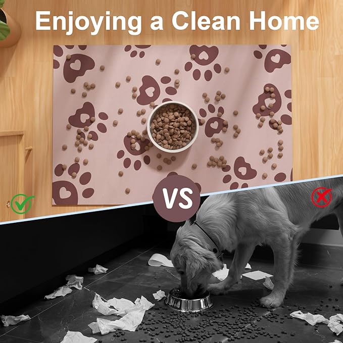 BLESWIN Pet Feeding Mat 17"x28", Absorbent Pet Food Mat, Dog Food Mat Large, Rubber Dog Mats are Non-Slip and Waterproof to Protect Floors, Mat for Cat Food and Water Bowls, Cat Feeding Mat, Pink