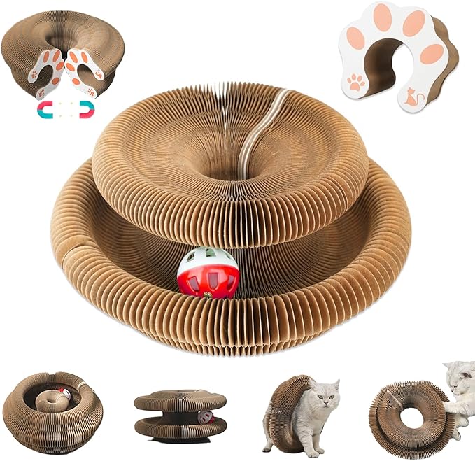 Kitty Kurlz Cat Toy, Magic Organ Cat Interactive Scratcher Cardboard with Bell Ball, Foldable & Changeable Accordion Shape Exercise Anxiety Relief Toy for Indoor Cats(1PCS)