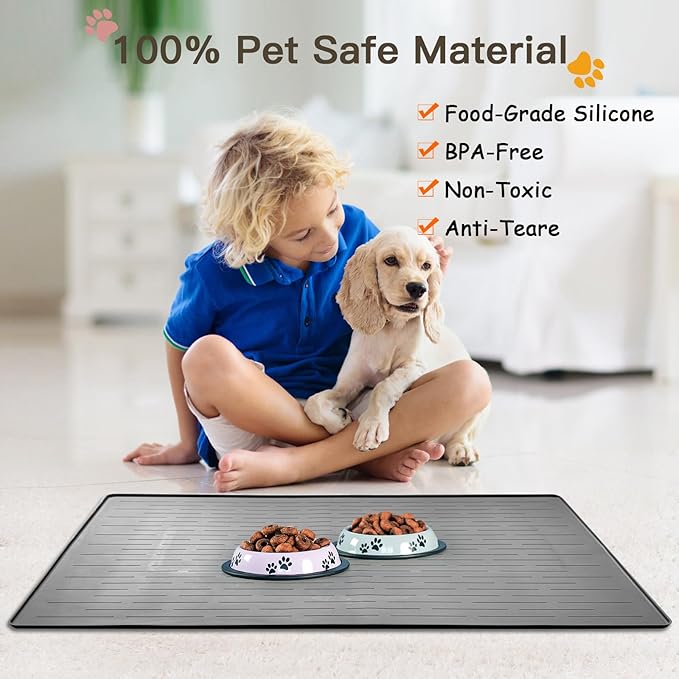 Largest Dog Food Mat, 39.5"x29.5" Silicone Dog and Cat Mat for Food and Water Bowls, Thinken Waterproof Non-Slip XXXL Pet Feeding Mat for Floors (Deep Green)