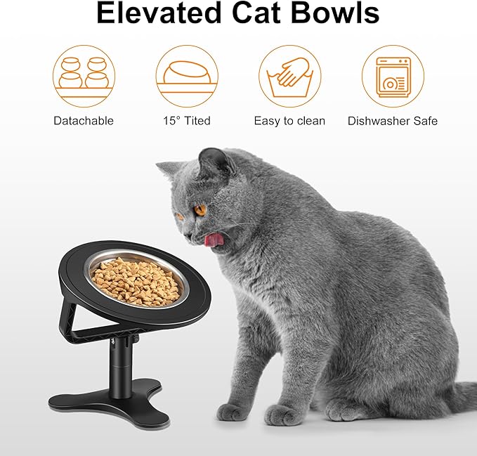Raised Cat Bowls,Indoor Cats with Height-Adjustable Stand,Non-Slip Stainless Steel Bowls,15° Tilted Cat Food Bowls (2-Pack, Black)