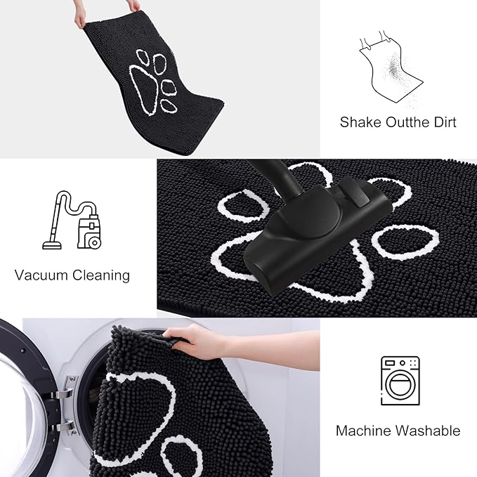 Smiry Dog Door Mat for Muddy Paws, Absorbent Dirt Trapper Non Slip Quick Dry Washable Chenille Mat for Mud Dogs, Entry Rug for Indoor and Outdoor (59x35 Inches, Black and White)