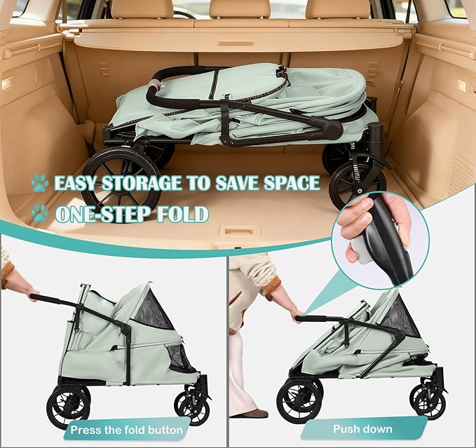 Pet Stroller with Ramp for Large Dogs up to 132lbs, Large Pet Gear for Multiple Dogs/Cats, All-Terrain with Mesh Dual-Window & NO-Zip, Removable Mattress & Slope Pad(Lake Green)