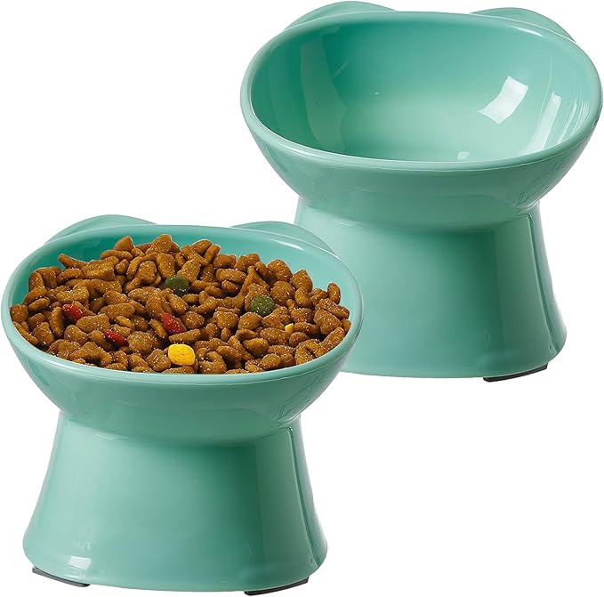 KSIA Klear Elevated Cat Bowls 2 Pack, Tilted Raised Cat Bowl for Food and Water, 4.72" Wide, Whisker Friendly Anti Vomit for Indoor Cats, Microwave and Dishwasher Safe, Green