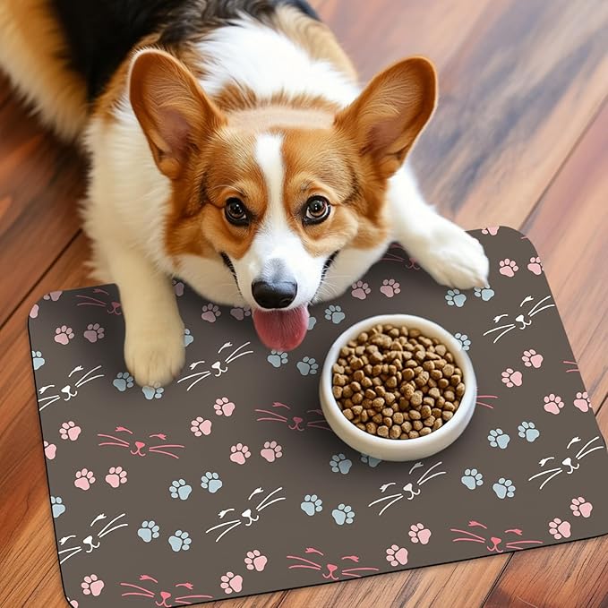 Patterned Cat & Dog Bowl Mat for Food and Water, 17"×30" Quick Dry Absorbent Pet Feeding Mat, Eco-Friendly Dog Placemat